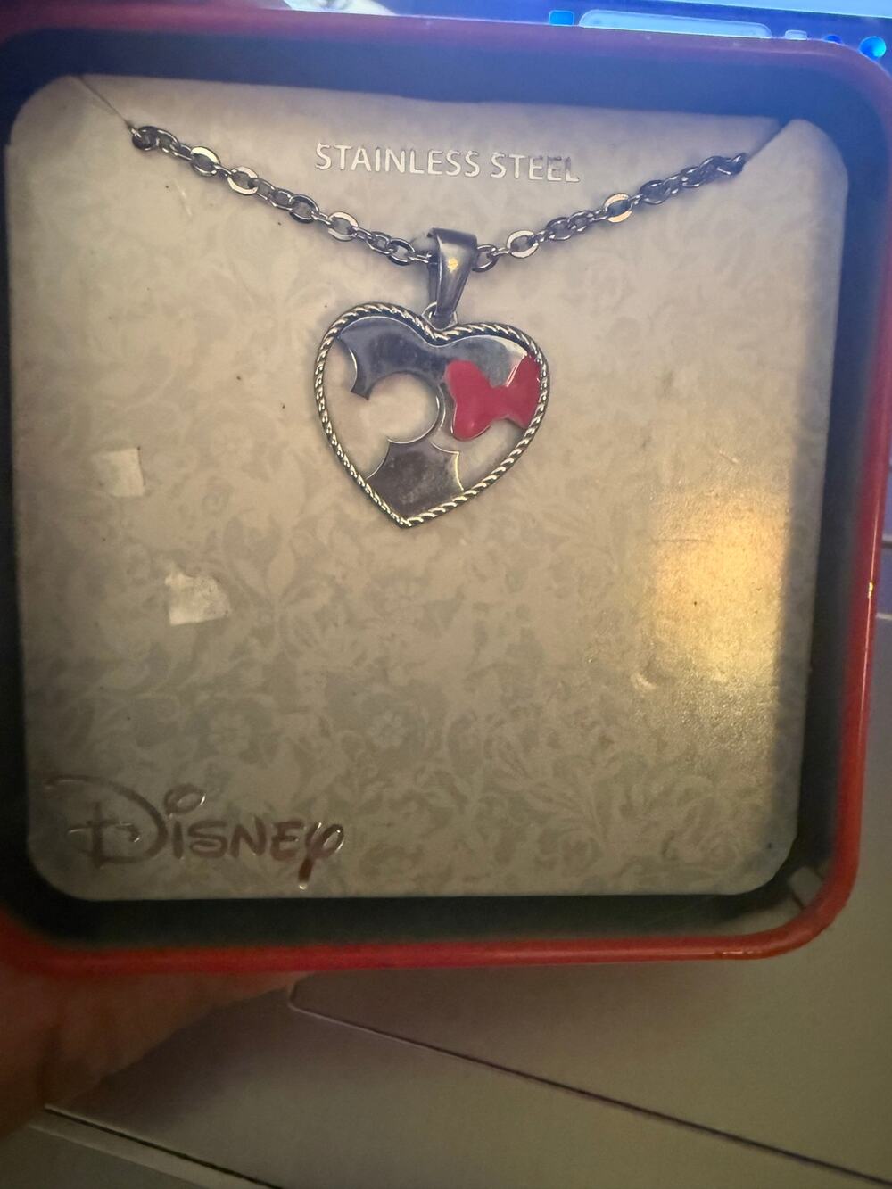 Disney Mickey Minnie Stainless Steel Heart Necklace Red Bow New in Box